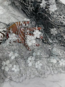 Flower 3D Glitter Fabric - Silver on Black - Embroidered Floral Sequins Design Fabric by Yard