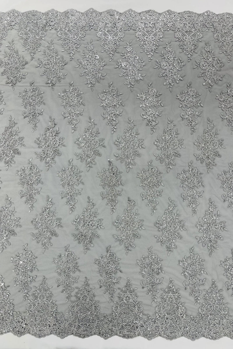 Metallic Floral Lace Fabric - Silver on Black - Beautiful Floral Sequins on Lace Mesh Fabric By Yard