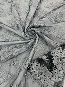Metallic Floral Lace Fabric - Silver on Black - Beautiful Floral Sequins on Lace Mesh Fabric By Yard