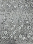 Flower 3D Glitter Fabric - Silver on Black - Embroidered Floral Sequins Design Fabric by Yard