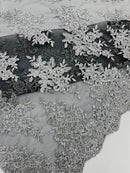 Metallic Floral Lace Fabric - Silver on Black - Beautiful Floral Sequins on Lace Mesh Fabric By Yard
