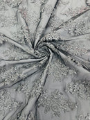 Metallic Floral Lace Fabric - Silver on Black - Beautiful Floral Sequins on Lace Mesh Fabric By Yard