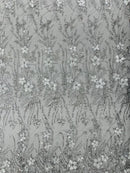 Flower 3D Glitter Fabric - Silver on Black - Embroidered Floral Sequins Design Fabric by Yard