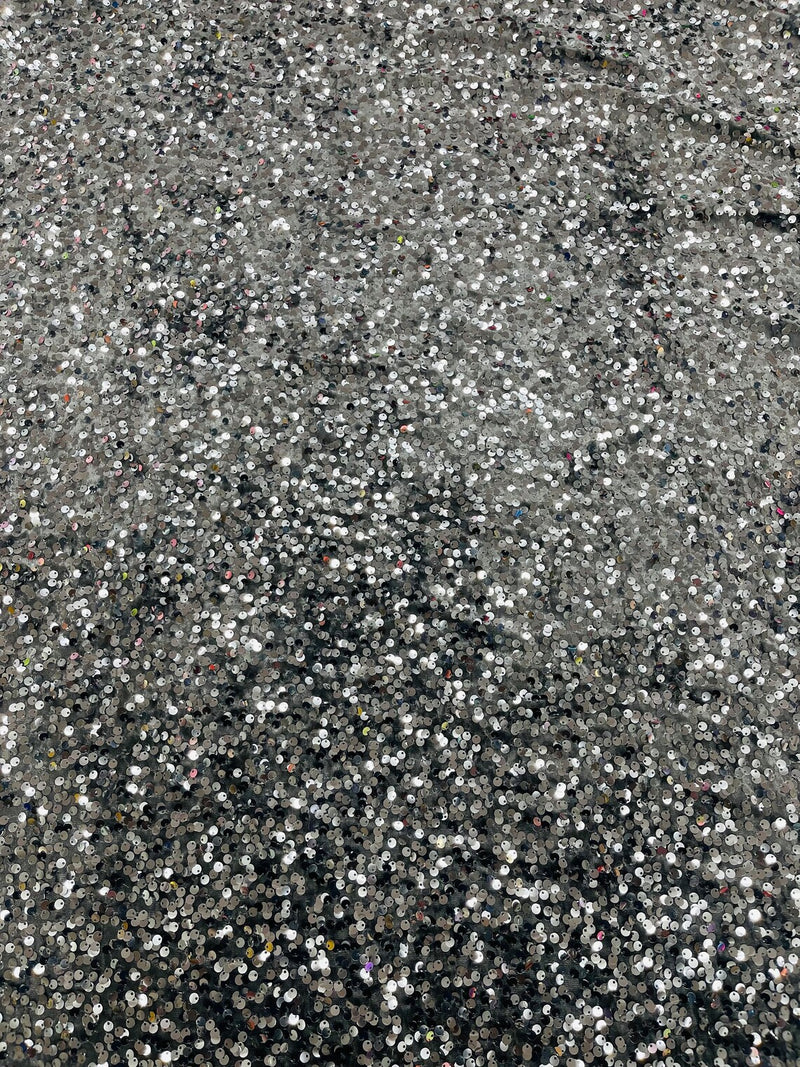 58/60" Velvet Sequins Stretch Fabric - Silver on Gray - Velvet Sequins 2 Way Stretch Sold By Yard