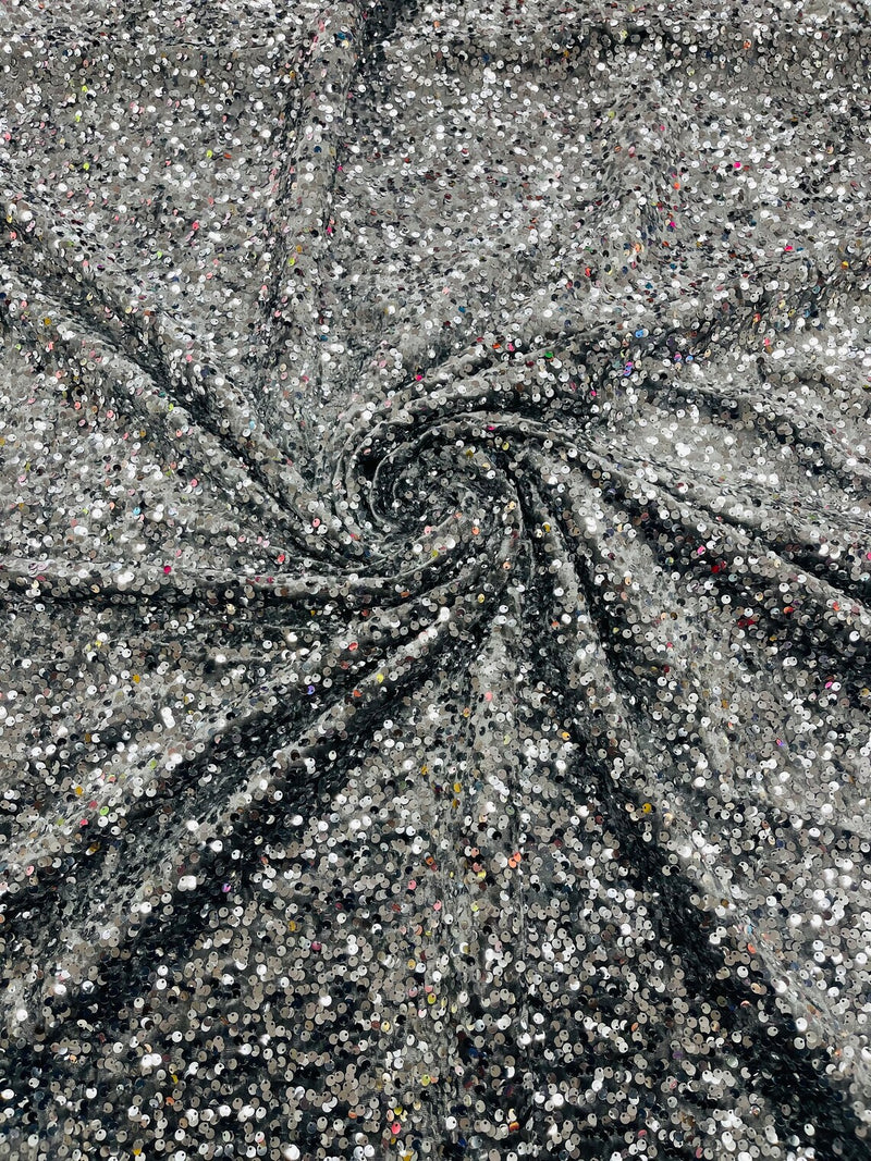 58/60" Velvet Sequins Stretch Fabric - Silver on Gray - Velvet Sequins 2 Way Stretch Sold By Yard