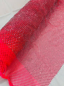 Fishnet Silver Rhinestones Fabric - Hot Pink - Spandex Fabric Fish Net with Crystal Stones by Yard