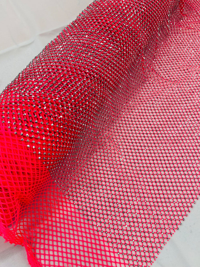 Fishnet Silver Rhinestones Fabric - Hot Pink - Spandex Fabric Fish Net with Crystal Stones by Yard