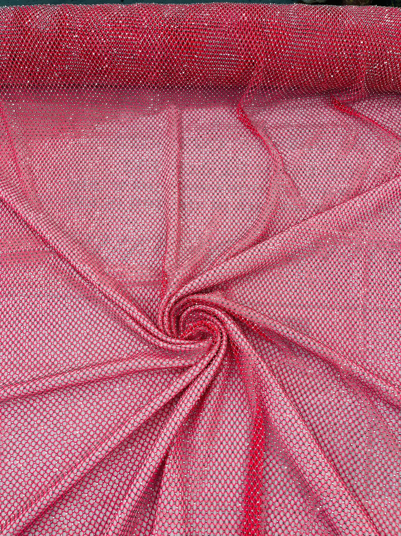 Fishnet Silver Rhinestones Fabric - Hot Pink - Spandex Fabric Fish Net