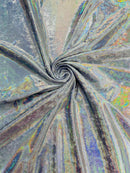 Foggy Foil Velvet Fabric - Iridescent Silver on Lilac - Oil Slick 4 Way Stretch Foil Velvet Fabric By Yard