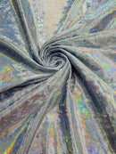 Foggy Foil Velvet Fabric - Iridescent Silver on Lilac - Oil Slick 4 Way Stretch Foil Velvet Fabric By Yard