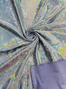Foggy Foil Velvet Fabric - Iridescent Silver on Lilac - Oil Slick 4 Way Stretch Foil Velvet Fabric By Yard
