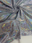 Foggy Foil Velvet Fabric - Iridescent Silver on Lilac - Oil Slick 4 Way Stretch Foil Velvet Fabric By Yard