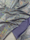Foggy Foil Velvet Fabric - Iridescent Silver on Lilac - Oil Slick 4 Way Stretch Foil Velvet Fabric By Yard
