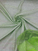 Fishnet Silver Rhinestones Fabric - Lime Green - Spandex Fabric Fish Net with Crystal Stones by Yard