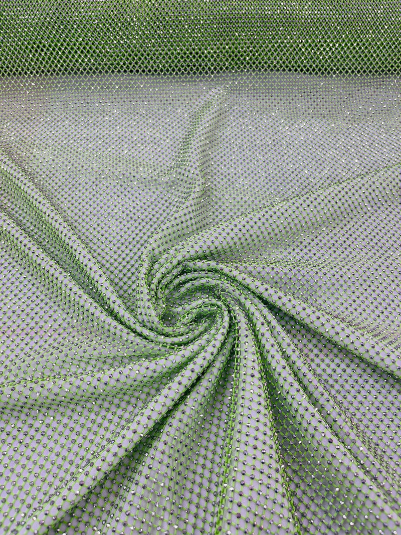 Fishnet Silver Rhinestones Fabric - Lime Green - Spandex Fabric Fish Net with Crystal Stones by Yard