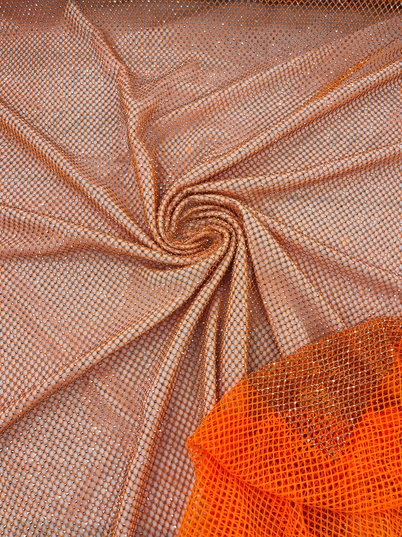 Fishnet Silver Rhinestones Fabric - Orange - Spandex Fabric Fish Net with Crystal Stones by Yard