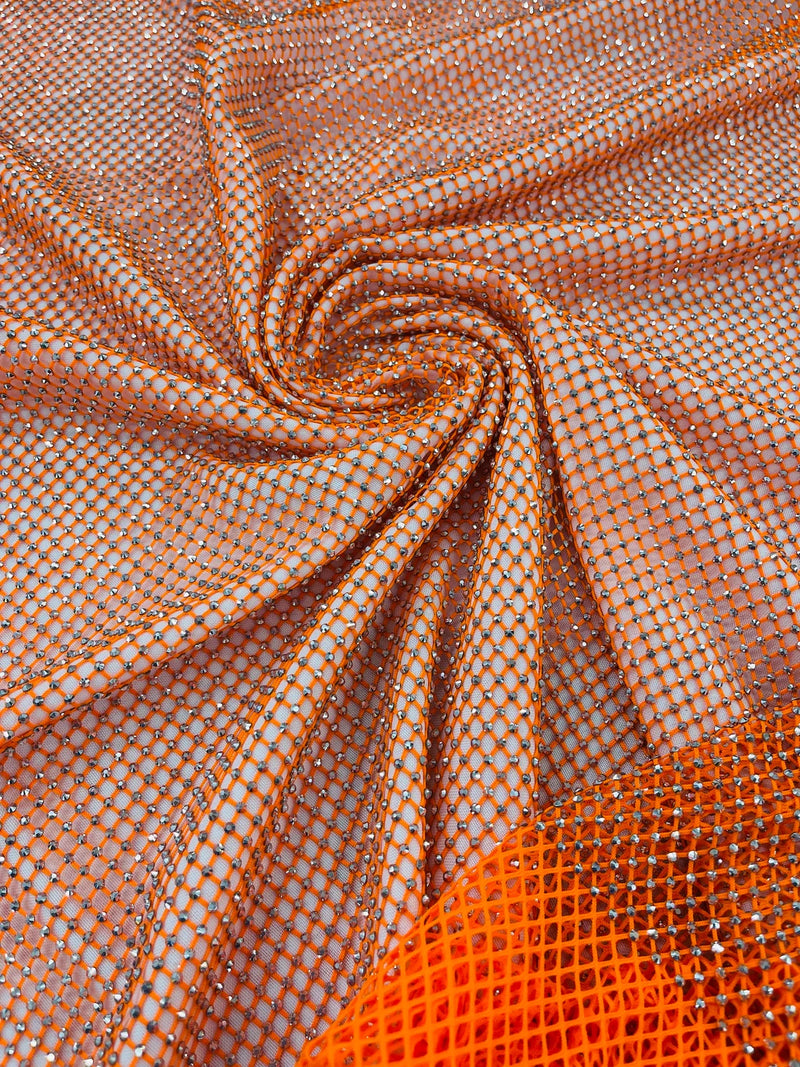 Fishnet Silver Rhinestones Fabric - Orange - Spandex Fabric Fish Net with Crystal Stones by Yard