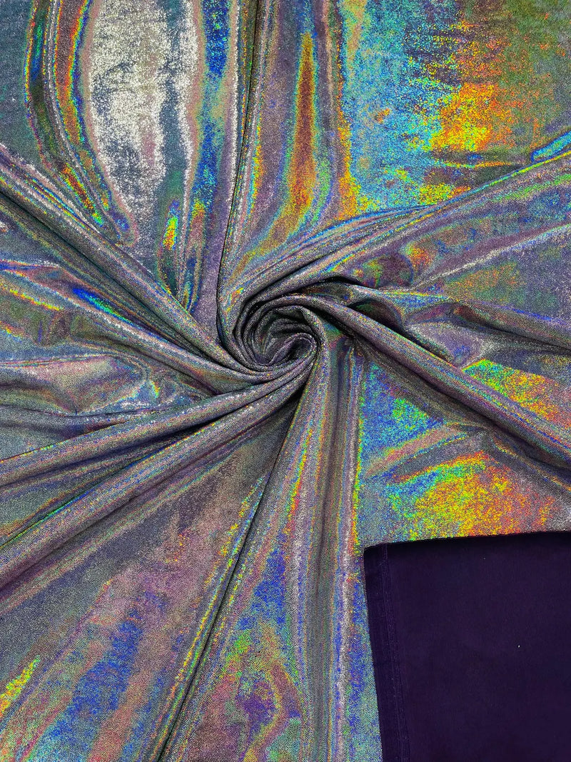 Foggy Foil Velvet Fabric - Iridescent Silver on Purple - Oil Slick 4 Way Stretch Foil Velvet Fabric By Yard