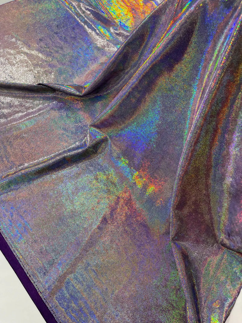 Foggy Foil Velvet Fabric - Iridescent Silver on Purple - Oil Slick 4 Way Stretch Foil Velvet Fabric By Yard