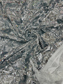 Orchid Flower Sequins Design - Silver on White - Embroidered 4 Way Stretch Full Of Sequins Fabric Sold By Yard