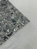 Orchid Flower Sequins Design - Silver on White - Embroidered 4 Way Stretch Full Of Sequins Fabric Sold By Yard