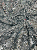 Orchid Flower Sequins Design - Silver on White - Embroidered 4 Way Stretch Full Of Sequins Fabric Sold By Yard