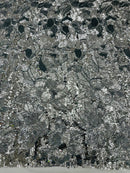 Orchid Flower Sequins Design - Silver on White - Embroidered 4 Way Stretch Full Of Sequins Fabric Sold By Yard