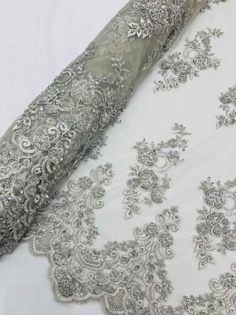 Floral Cluster Beaded Fabric - Silver