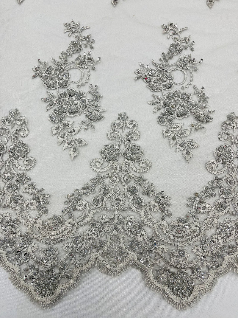 Floral Cluster Beaded Fabric - Silver