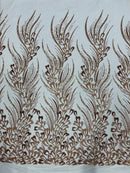 Wavy Lines Leaf Bead Fabric - Skin / Gold - Embroidered Leaf Beaded Mesh By Yard