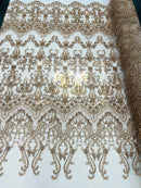 Damask Beaded Glam Fabric - Skin / Taupe - Embroidery Beaded Fabric with Round Beads Sold By The Yard