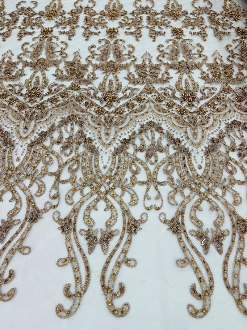 Damask Beaded Glam Fabric - Skin / Taupe - Embroidery Beaded Fabric with Round Beads Sold By The Yard