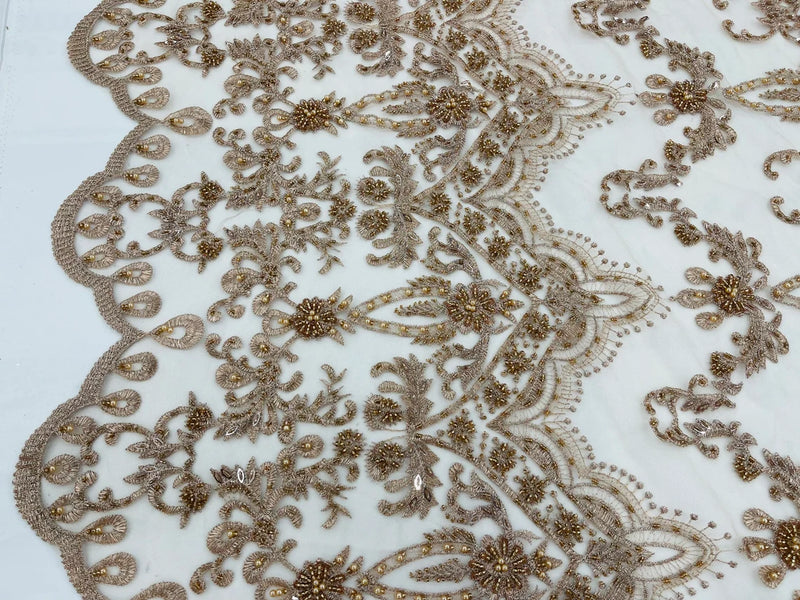 Damask Beaded Glam Fabric - Skin / Taupe - Embroidery Beaded Fabric with Round Beads Sold By The Yard