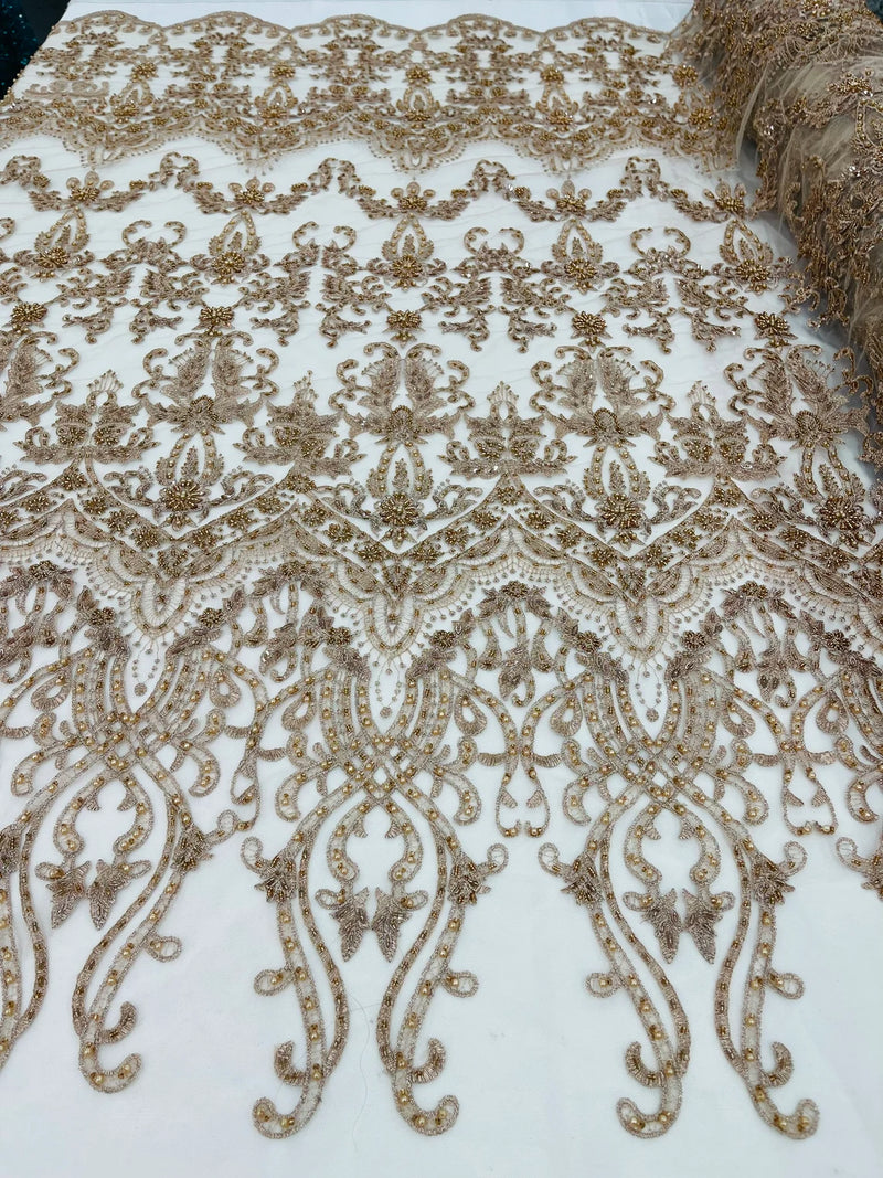 Damask Beaded Glam Fabric - Skin / Taupe - Embroidery Beaded Fabric with Round Beads Sold By The Yard