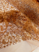 Floral Plant Bead Design - Skin / Rose - Beaded Flower Plants Embroidered  Sequins Fabric By Yard