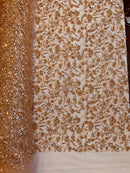 Floral Plant Bead Design - Skin / Rose - Beaded Flower Plants Embroidered  Sequins Fabric By Yard