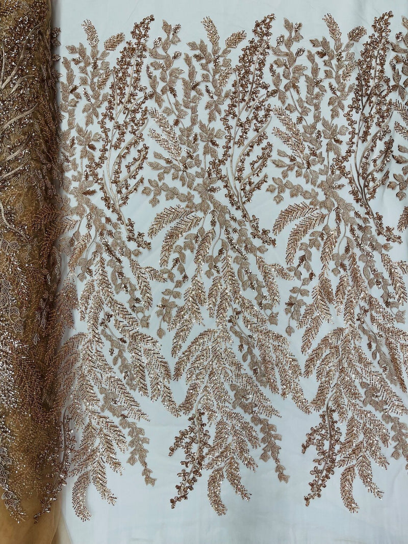 Leaf Pattern Sequins Fabric - Skin Rose - Natural Leaf Beads and Sequi Leaf Pattern Sequins Fabric - Skin Rose - Natural Leaf Beads and Sequi