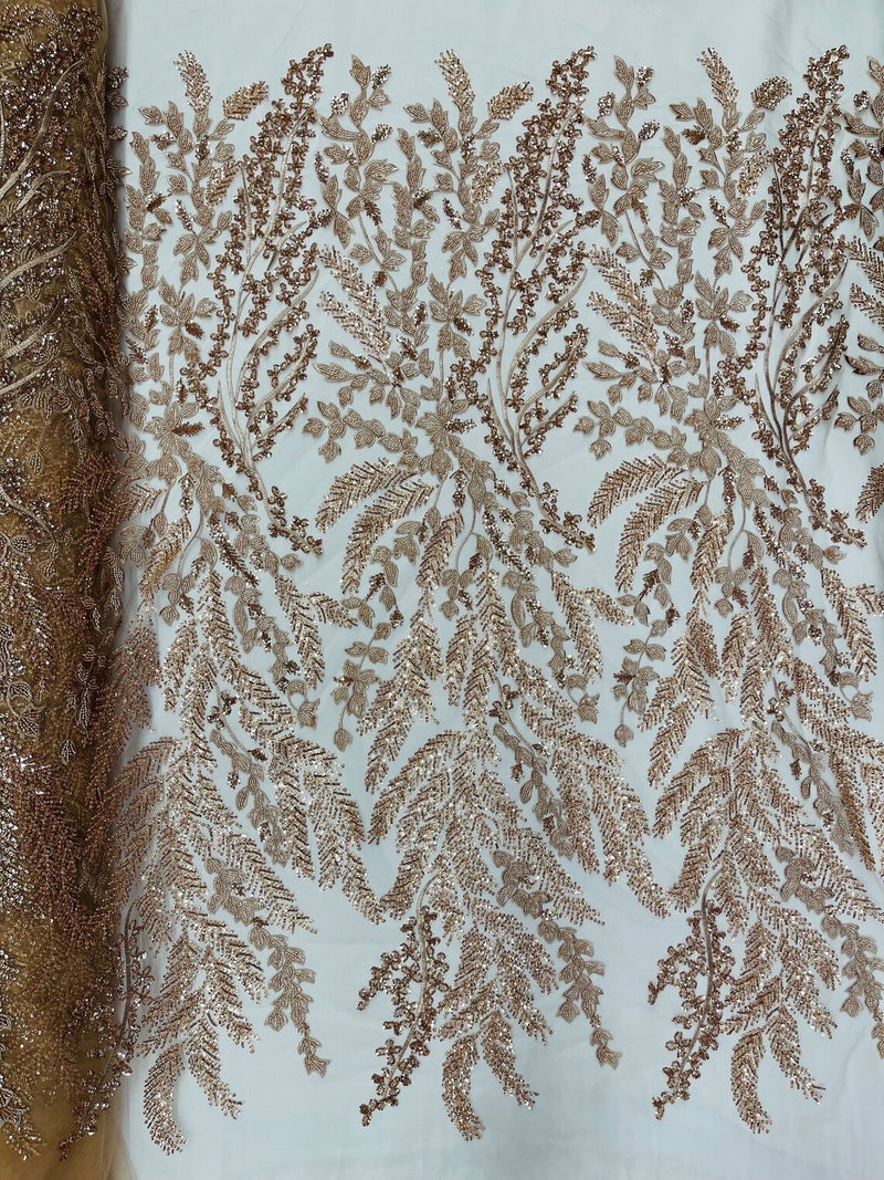 Leaf Pattern Sequins Fabric - Skin Rose - Natural Leaf Beads and Sequins Lace Fabric by the yard