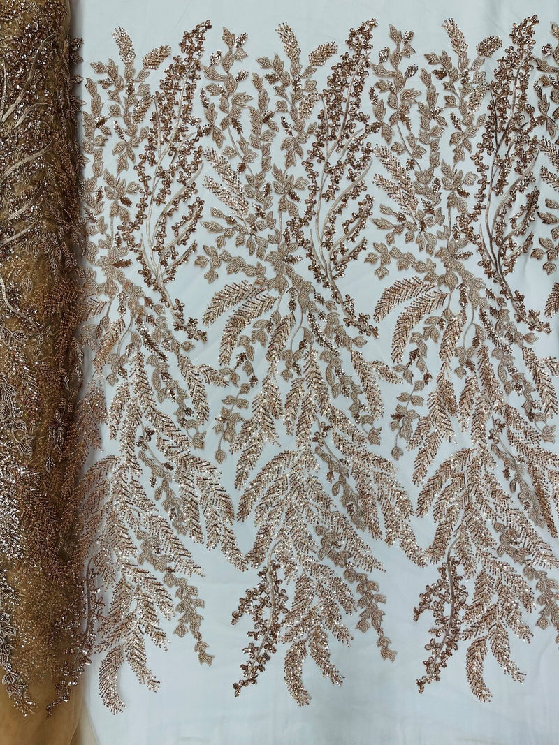 Leaf Pattern Sequins Fabric - Skin Rose - Natural Leaf Beads and Sequins Lace Fabric by the yard