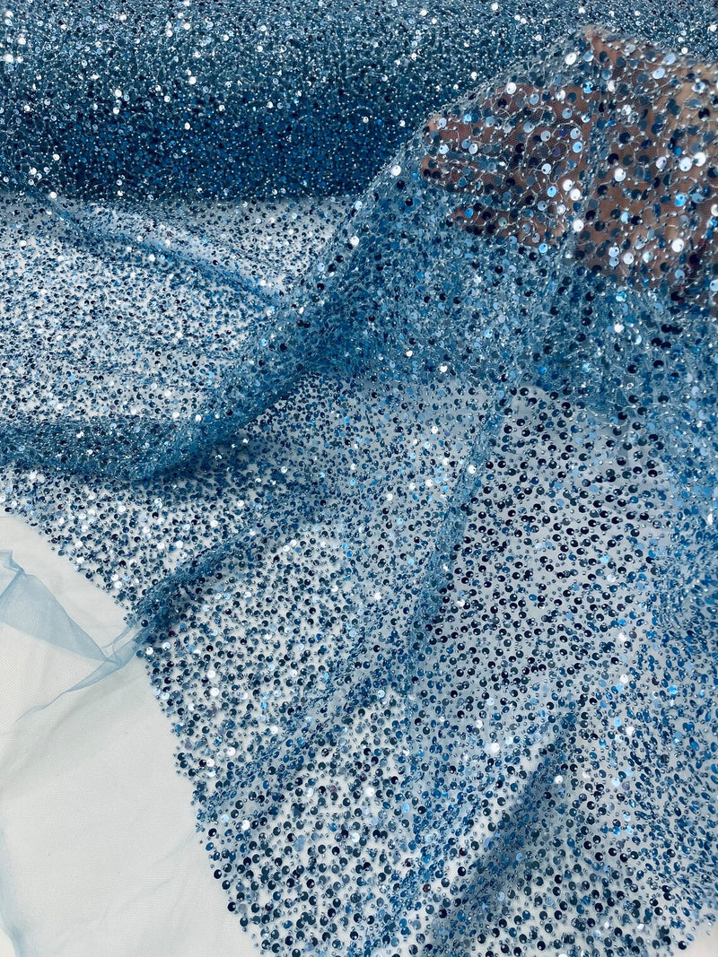 Beaded Sequins Pearl Fabric - Sky Blue - Embroidered Pearl Beads and Sequins on Lace By Yard