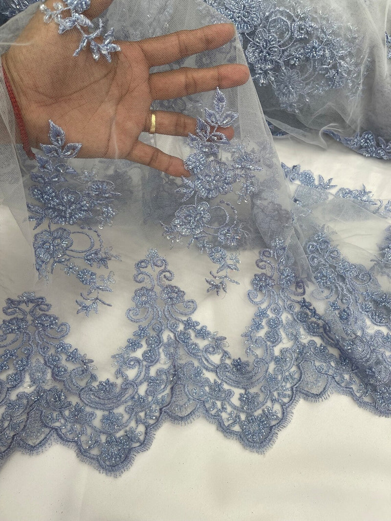 Floral Cluster Beaded Fabric - Sky Blue - Embroidered Flower Beaded Fabric Sold By Yard