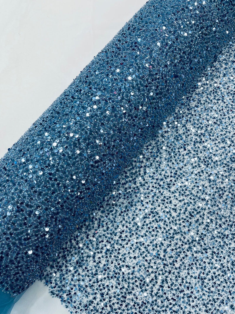 Beaded Sequins Pearl Fabric - Sky Blue - Embroidered Pearl Beads and Sequins on Lace By Yard