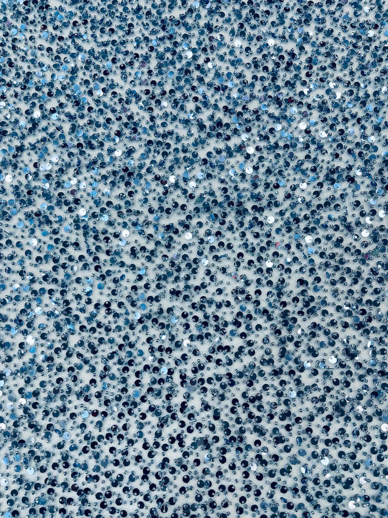 Beaded Sequins Pearl Fabric - Sky Blue - Embroidered Pearl Beads and Sequins on Lace By Yard