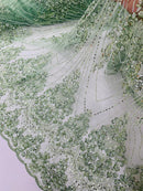Sage Luxury Beaded Fabric By The Yard, Luxury Geometric Design Beads and Sequins Mesh (Copy)