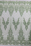 Sage Luxury Beaded Fabric By The Yard, Luxury Geometric Design Beads and Sequins Mesh (Copy)
