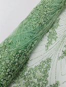 Sage Luxury Beaded Fabric By The Yard, Luxury Geometric Design Beads and Sequins Mesh (Copy)