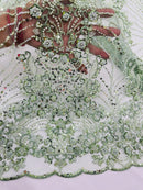 Sage Luxury Beaded Fabric By The Yard, Luxury Geometric Design Beads and Sequins Mesh (Copy)