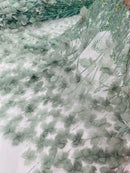 Sage Green Beaded Fabric 3D Floral Butterfly Fabric by the Yard, Luxury Butterfly