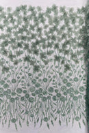 Sage Green Beaded Fabric 3D Floral Butterfly Fabric by the Yard, Luxury Butterfly