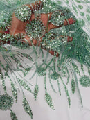 Sage Green Beaded Fabric 3D Floral Butterfly Fabric by the Yard, Luxury Butterfly